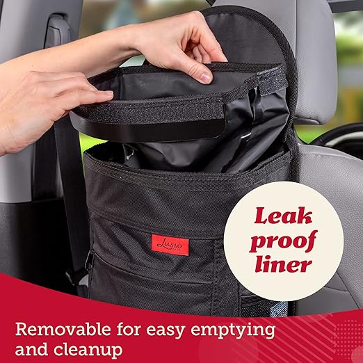 Lusso Gear Spill-Proof Car Trash Can (2 Pack) - Easy to Clean Hanging Garbage Bin - Leak-Proof, Removable Liner, Waterproof - Keeps Truck, SUV, Car, Minivan Clean & Odor Free (Black, Red Stitching)