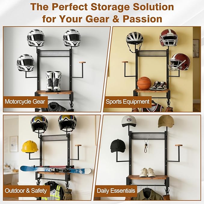 Wall Mounted Motorcycle Helmet Holder, Heavy-Duty Helmet Rack with 4 Helmet Mounts & 4 Glove Clips, Rustic Wall Mounted Organizer with 4 Hooks for Motorcycle Helmets, Shoes, Accessories
