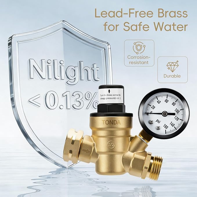 TONDA RV Water Pressure Regulator, Brass Lead-Free Adjustable Pressure Regulator with Gauge and Inlet Screen Filter for RV Camper Travel Trailer Water Hose
