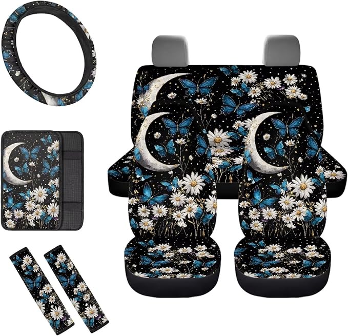 8 Pcs Moon Floral Butterfly Car Seat Covers Full Set Car Accessories for Women Front Seat Cover Steering Wheel Armrest Cover Seat Belt Cover for Auto SUV Interior Decoration