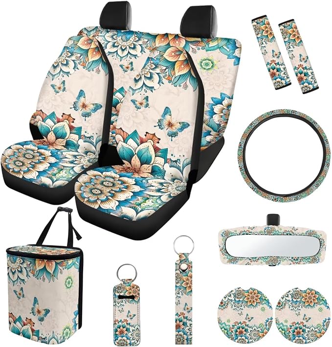 Suobstales Boho Butterfly Mandala Print Car Seat Covers Set of 13 with Universal Steering Wheel Cover, Rearview Mirror Cover, Car Trash Can, Seatbelt Pads, Cup Holder Coasters, Keychains