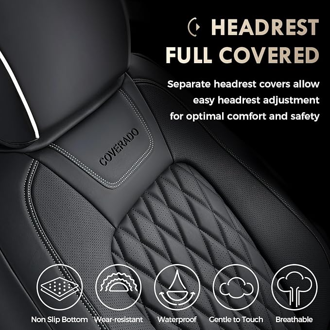 Coverado Premium Leather Front Seat Covers Waterproof Heavy-Duty Protectors Custom Fit for Ford F150 (2015-2026) F250/F350/F450 (2017-2026)-Black w/White Stitching, Wear-Resistant