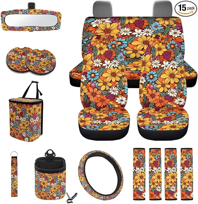 Hippie Flower Orange Pattern 15Pcs Car Seat Cover Full Set Car Steering Wheel Cover Seat Belt Cover Trash Bin Air Vent Storage Box Front Rear View Mirror Car Cup Holder Keychain