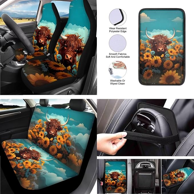 Highland Cow 13 Pcs Car Seat Covers, Sunflower Universal Driver Seat Cover Protector Armrest Pad, Farm Highland Cattle Steering Wheel Armrest Cover Seatbelt Cup Mats