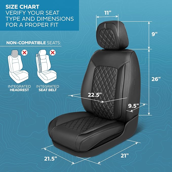 MotorBox Elite Edition Faux Leather Seat Covers for Cars, Trucks, & SUV - 2 Black Car Seat Covers for Front Seats - Universal Fit Car Accessories Automotive Interior Cover Protector for Most Vehicles