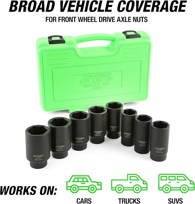 OEMTOOLS 37320 Axle Nut Socket Set, 6-Pt 1/2 Impact Socket Set, 8Pc Metric 1/2 Socket Set, Impact Socket Set 1/2 Drive for Axle Nuts, Impact Sockets 29mm to 39mm, Socket Sets Storage Case
