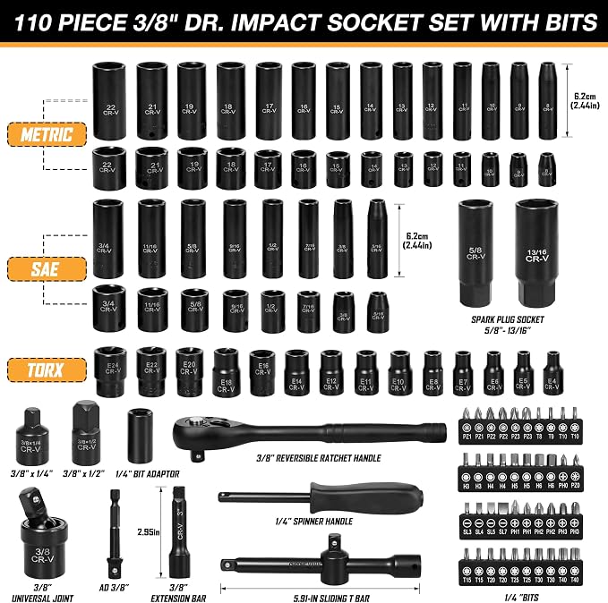 3/8" Drive Impact Socket Set, 110-Piece Metric and SAE CR-V Sockets with Ratchet Handle, Extension Bars, and Carrying Case