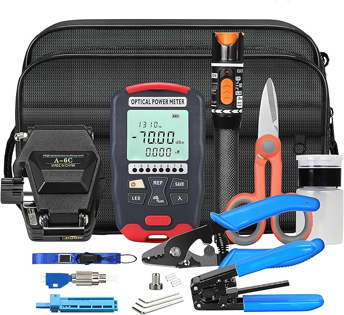 Fiber Optic Termination Kit FTTH Cold Connection tool Kit 6C Fiber cutting knife Stripper Pliers D7 OPM with RJ45 network testing and FC to LC Adapter