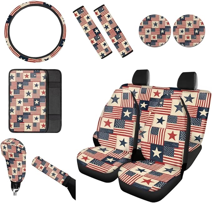 Wanyint Car Seat Cover Full Set 12 PCS, with Steering Wheel Seat Belt Cover Armrest Pad Coasters Handbrake Gear Shift Knob Set 4th of July Auto Accessories Decor, Vintage US Flag Patchwork