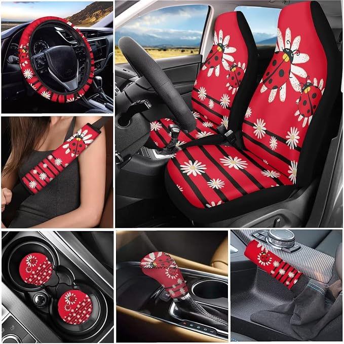 Tupalatus Funny Ladybugs 9 Pcs Front Seat Covers Set Washable Steering Wheel Cover Car Seat Belt Pads Cover Coasters Gear Shift Hoodie Handbrake Cover for Auto Trucks Van SUV