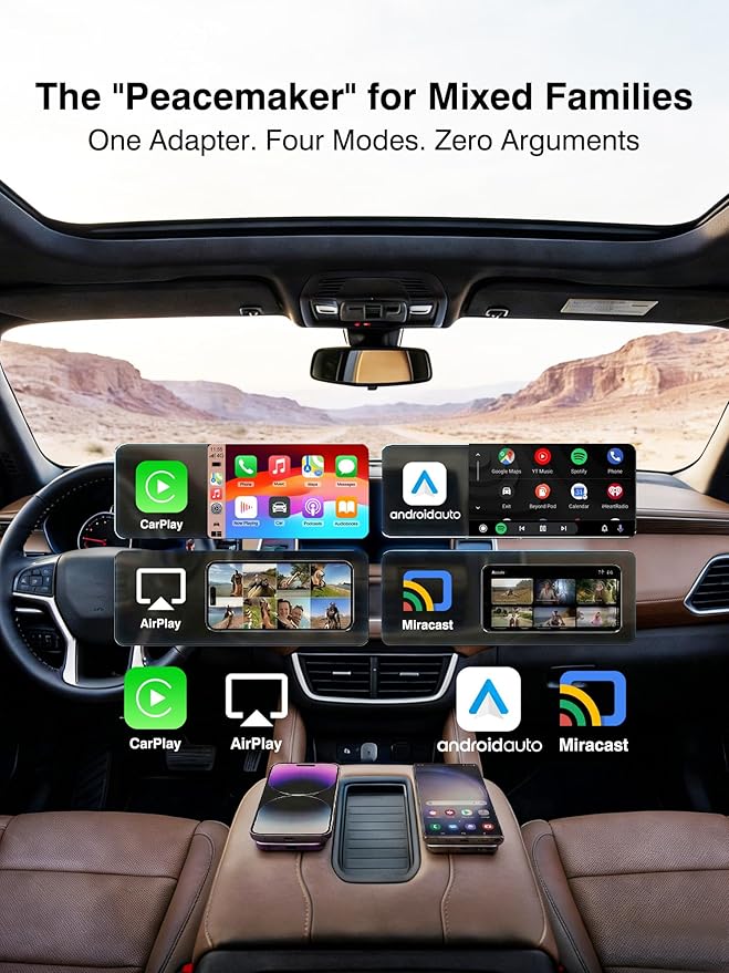 4-in-1 Wireless CarPlay & Android Auto Adapter – AirPlay & Miracast Media Hub – Seamless for Mixed Families – 5.8GHz Low-Latency & Auto-Connect – Factory Wired Cars Only (Lunar Silver)