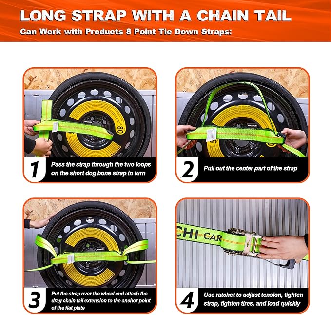 2" x 16' Tie Down Strap with Chain Extension Ends,4pack,Car Trailer Tie Down Straps,Replacement Strap for 8 Point Roll Back Vehicle Tie Down Kit,Tow Truck Accessories