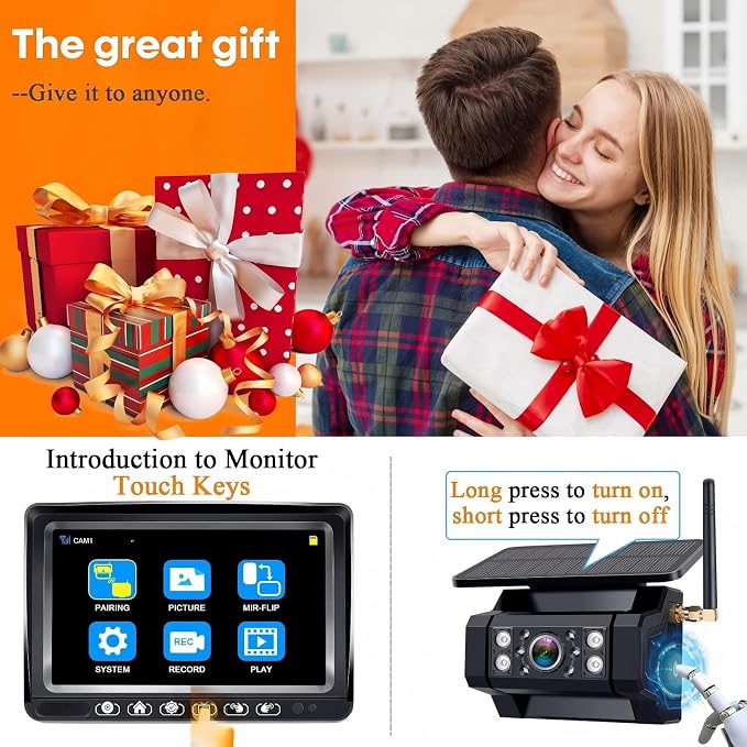 RV Backup Camera with Solar Magnetic: Long Distance No Signal Delay, 7 Inch Touch Key Monitor with Recording, HD 1080P Wireless Backup Camera for Trailer, 5th Wheel, Camper