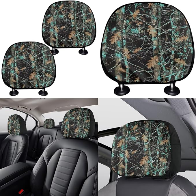 KEIAHUAN 11 Pcs Universal Car Seat Covers Camo Hunting Design with Steering Wheel Cover, Gear Shift Handbrake Cover, Cup Holder, and Headrest Cover Fit Most Van Sedan Truck SUV, Green