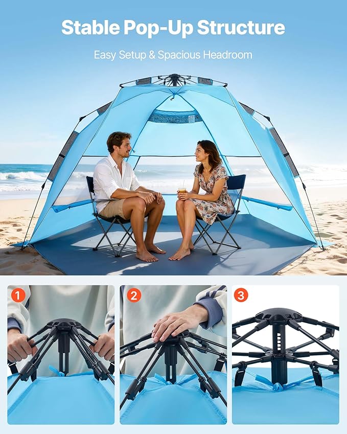 VEVOR Beach Tent Sun Shelter for 4 Person, Pop Up Beach Tent UPF 50+, Portable Sun Shade Beach with Carrying Bag and Sand Pockets, Easy Setup Umbrella for Camping Fishing Outdoor Picnic