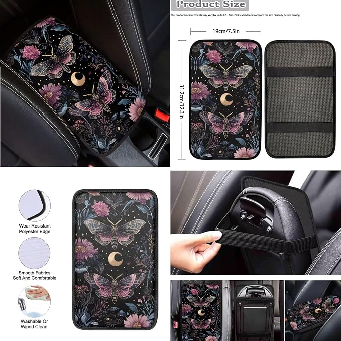 8 Pcs Moon Moth Car Seat Covers Full Set Car Accessories for Women Front Seat Cover Steering Wheel Armrest Cover Seat Belt Cover for Auto SUV Interior Decoration