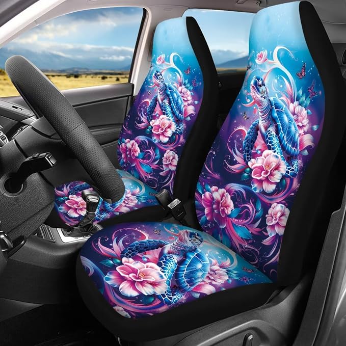 17Pcs Sea Turtle Flower Car Seat Covers Full Set for Women,Sea Turtle Flower Car Accessories Set with Seat Belt Pads Steering Wheel Cover Auto Front Rear Foot Carpet All Weather,Universal Fit