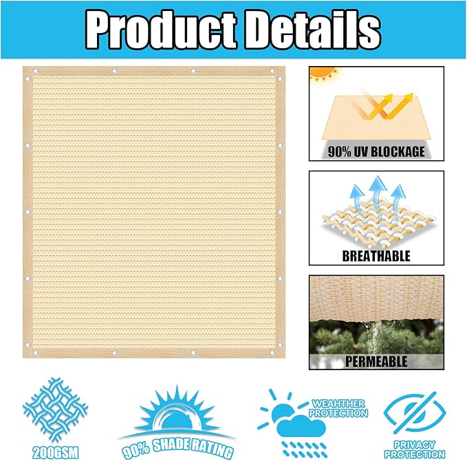 Amagenix 90% Pergola Shade Cover 6' X 12' Sun Shade Cloth with Grommets for Outdoor Garden Patio Porch, Commercial Grade 200 GSM - Cable Zip Ties Included (We Customized) GN108, Wheat