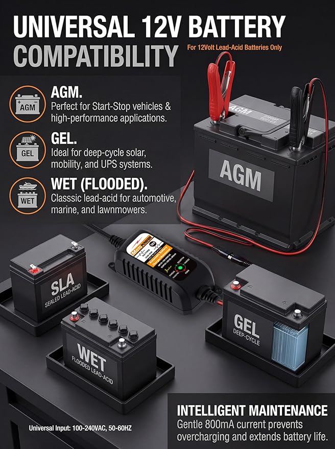 MOTOPOWER MP00205A 12V 800mA Automatic Battery Charger, Maintainer, Trickle and Desulfator
