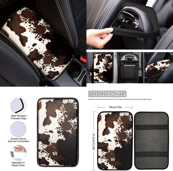 Brown Cow Print Automobile Seat Cover Set 12 Pcs Car Center Console Cover Steering Wheel Cover Auto Seat Belt Cover Decor Accessories Compatible with Most Cars,SUV