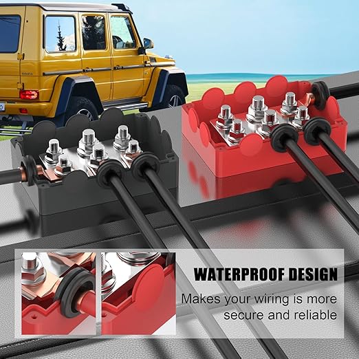 Mofeez Power Distribution Block Heavy Duty 500A Waterproof Bus Bar with 2X 3/8"(M10) + 4X 5/16"(M8) Studs, 48V DC Automotive Marine Battery Terminal Distribution Block with Cover