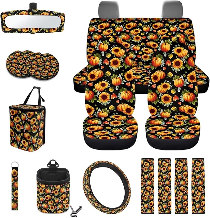 Sunflower Pumpkin Pattern Front and Back Seat Protector, Steering Wheel Cover Seat Belt Pads Trash Can Air Vent Storage Bag Keychain Thanksgiving Decor