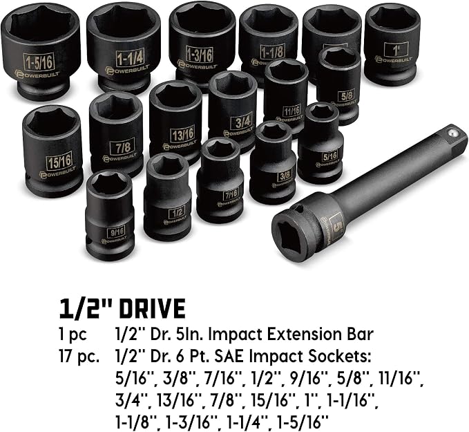 Powerbuilt Impact Socket Set, SAE 18 Piece, 1/2 Inch Drive Tools, 5 Inch Extension Bar, Z-Drive Sockets Grip, Storage Case - 940837