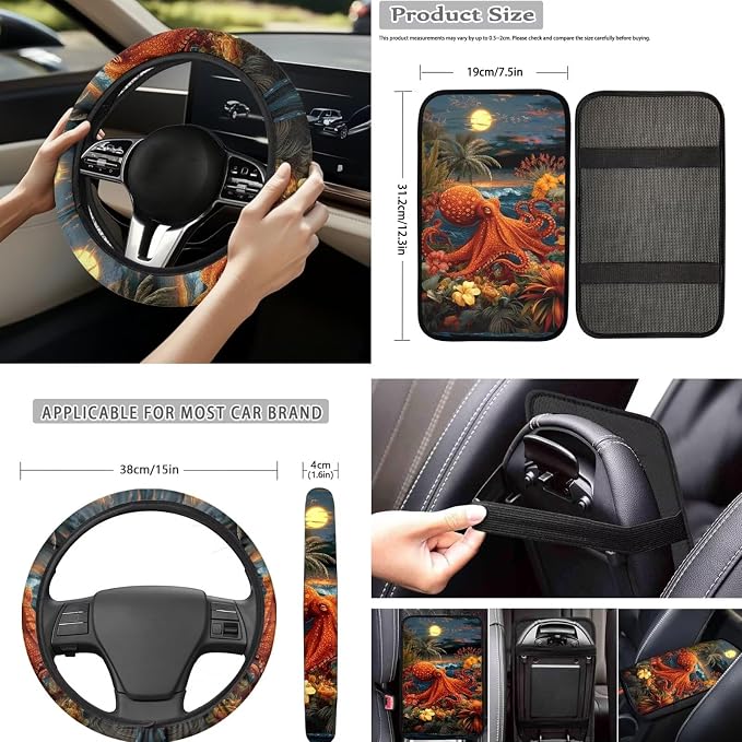Forchrinse Octopus Car Seat Covers for Women Men Full Set 15 Pack Car Accessories Set with Steering Wheel Covers Armrest Seat Belt Covers Gear Handbrake Cover