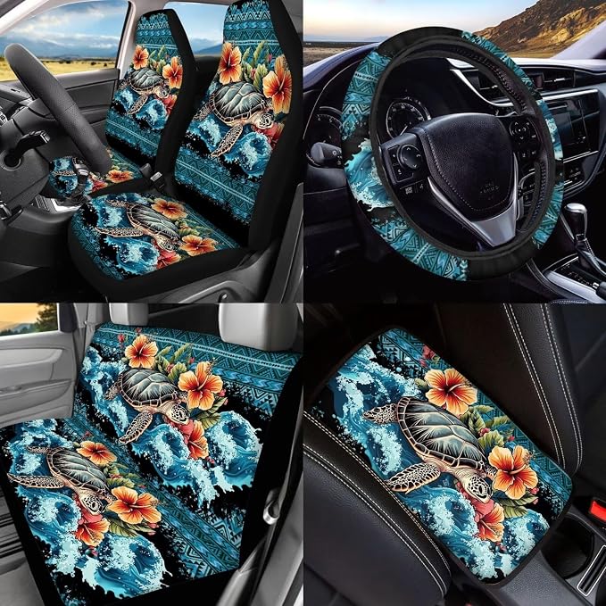 BIGCARJOB Floral Sea Turtle Print Car Seat Covers - Full Set with Rear & Front Seat Protectors, Headrest Covers, Trash Can - 15 Pack
