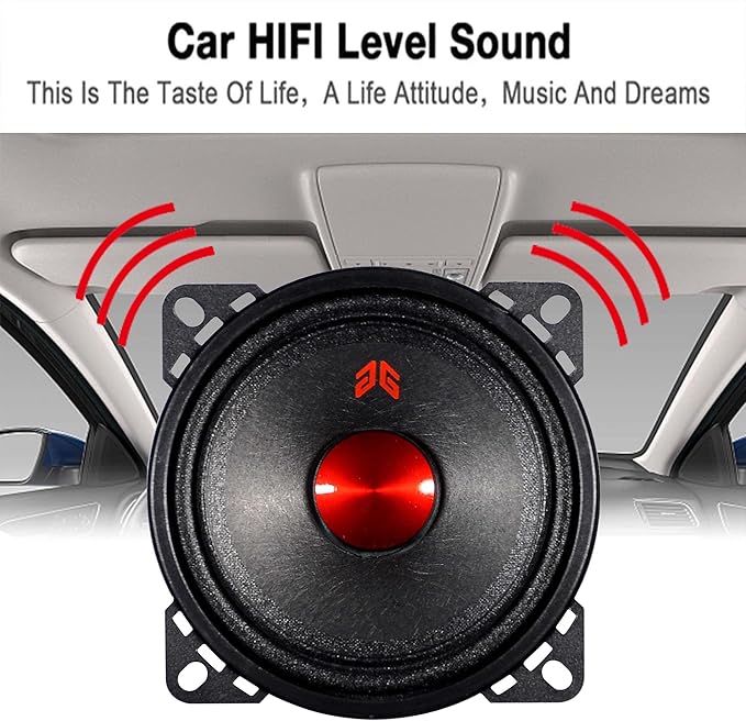 MX40P1 Midrange Loudspeaker 4" Red Dust Cap, 120W Max, 4 Ohms, Premium Quality Audio Door Speakers for Car or Truck Stereo Sound System, Black (2 Speaker)
