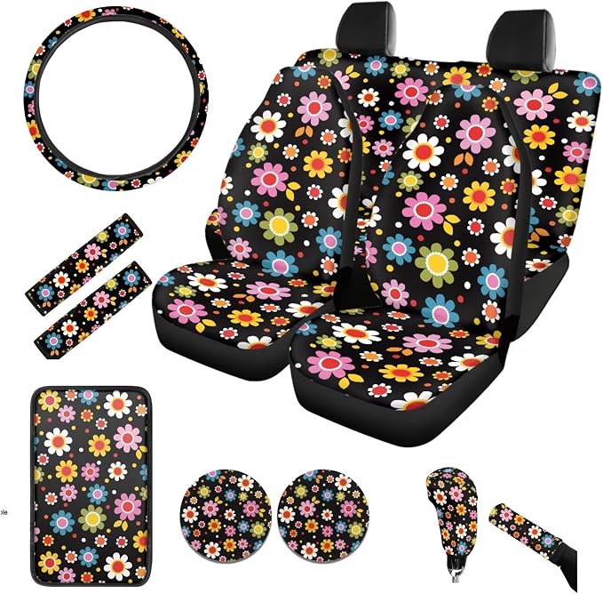 BIGCARJOB Stylish Daisy Print Car Interior Accessories Full Set 12 Pcs Auto Seat Cover for Front Rear Vintage Daisy Print Seat Belt Cover,Armrest Seat Box Cover Cushion,Cup Mats