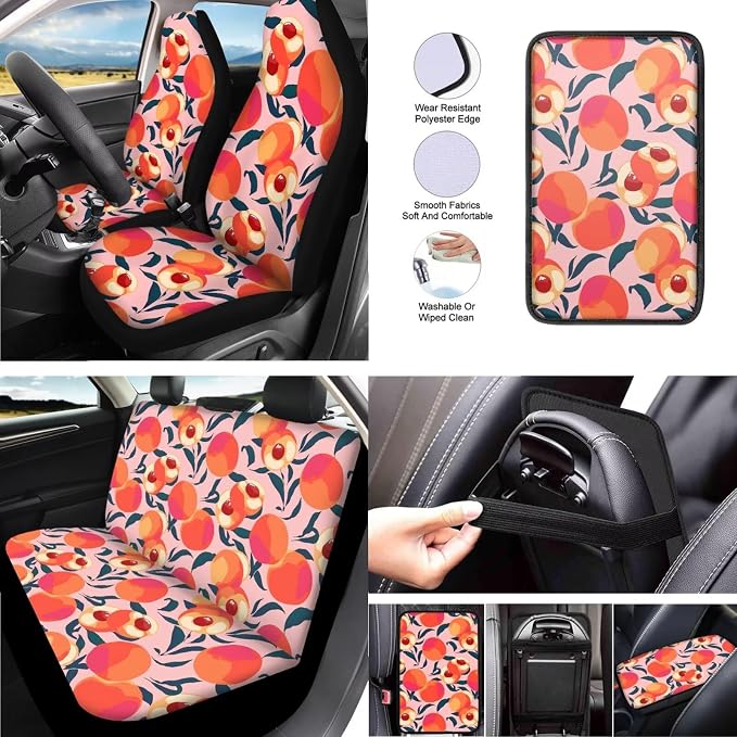 10 Pcs Peach Car Seat Covers, Honey Peaches Lover Breathable Full Set Vehicle Seat Protector, Watercolor Summer Fruit Steering Wheel Cover Universal Fit for SUV