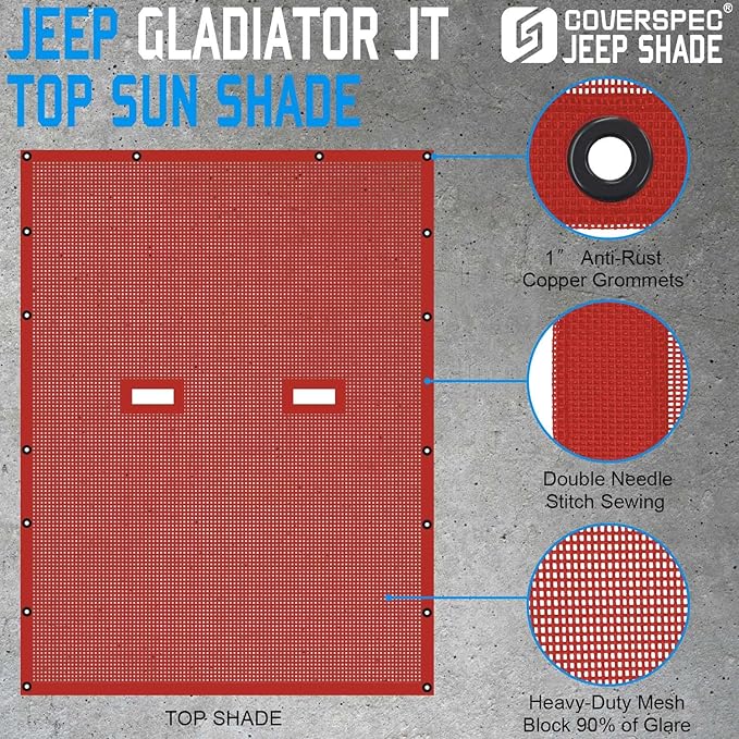 JT Top Sun Shade Roof Compatible with Jeep Gladiator 4 Door 2018 to 2023 Sunshade Sunroof Bikini Cover Blocks UV Wind Noise Cherry Red Mesh for Full Length