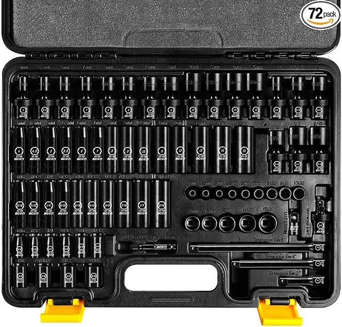 BOEN 1/4" Drive Impact Socket Set, 72-Piece Standard SAE (3/16-9/16 inch) and Metric (4-15mm) Size, 1/4-Inch Drive Swivel Socket Set, Drive Extension Bar, Universal Joint & Adapter, CR-MO 6 Point