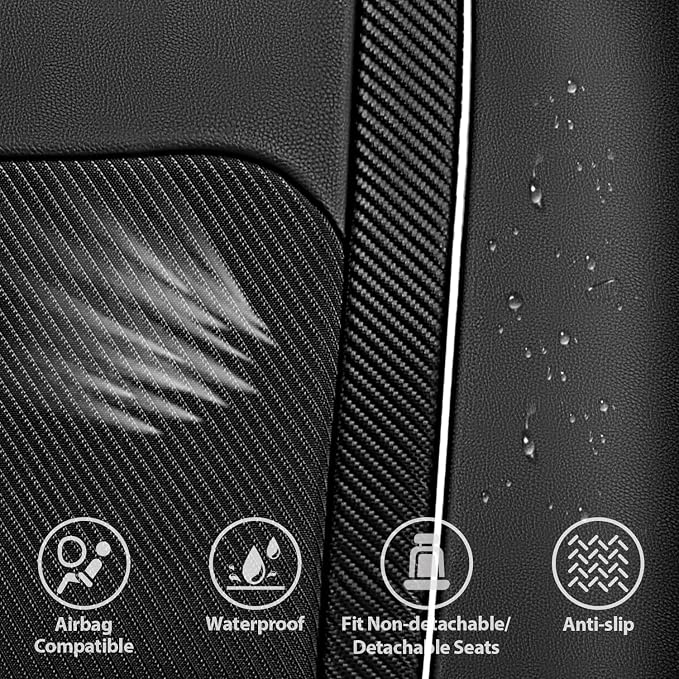 CAR PASS Faux Leather High Back Rear Seat Covers Only, Sporty Waterproof Anti-Slip Airbag Compatible Universal Fit for Most Sedans Trucks Vans SUVs, Rear Black