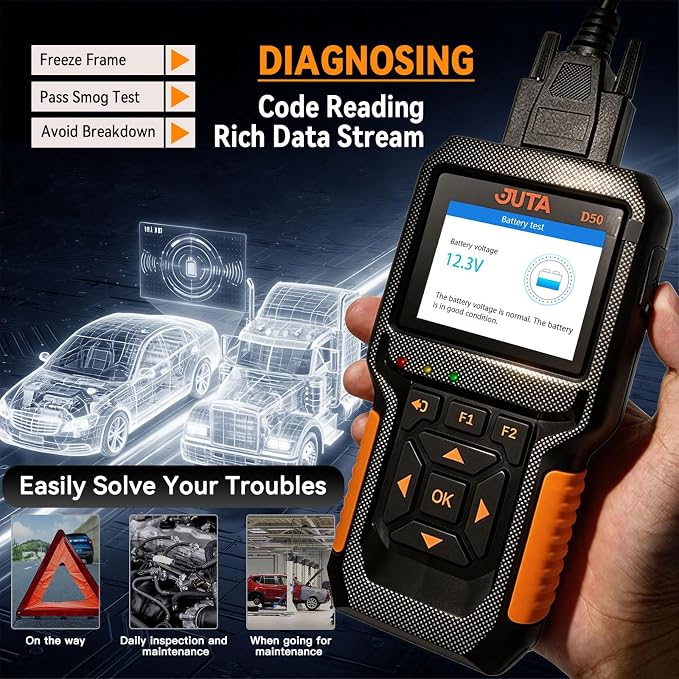 JUTA Heavy Duty Truck Scanner Diesel OBD2 Diagnostic Scan Tool, 2-in-1 Check Engine Code Reader for Car and Truck, Real-Time Data Stream, Battery Test