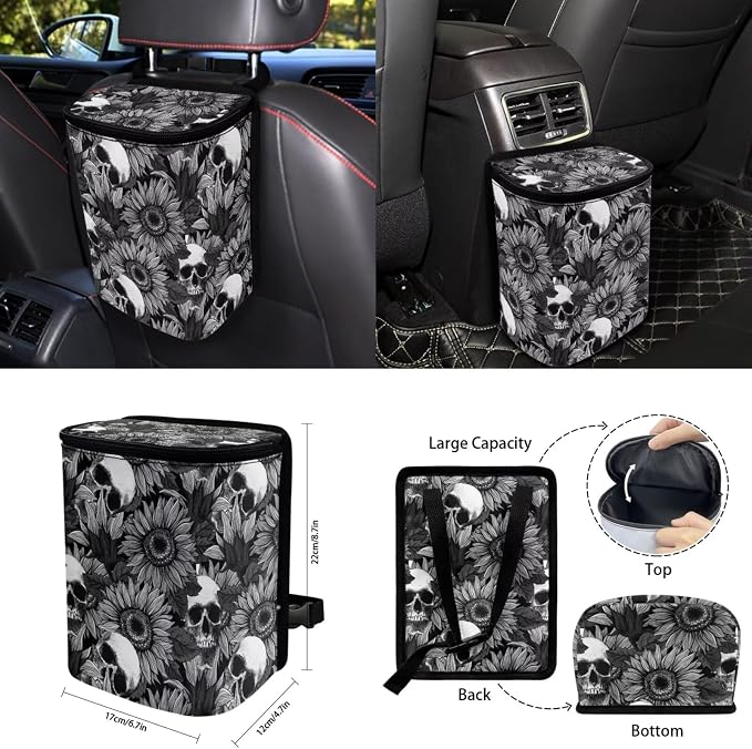 Goth Sunflower Skull 15 PCS Car Seat Cover Set with Auto Steering Wheel Cover Seat Belt Strap Protector Cup Holder Trash Bag Rear View Mirror Protector Keychain