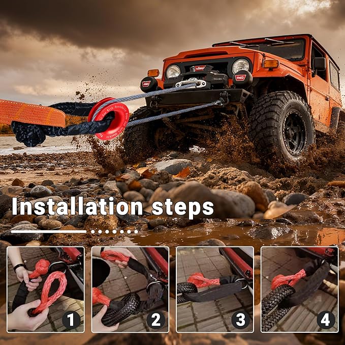 Synthetic Soft Shackle Rope 1/2 x 22 Inch Orange Recovery Tow Shackles with Red Snatch Recovery Ring 56,000lbs Breaking Strength Offroad Soft Shackle Recovery Kit for Off-Road ATV UTV Vehicles
