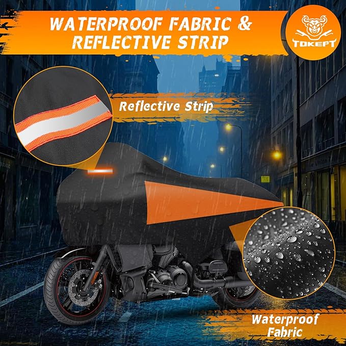 Motorcycle Half Cover with Elastic Hook Waterproof Dustproof Sunproof All-Weather Protection Suitable for Touring Models Road King Street Glide Road Glide and More(Black&Orange)