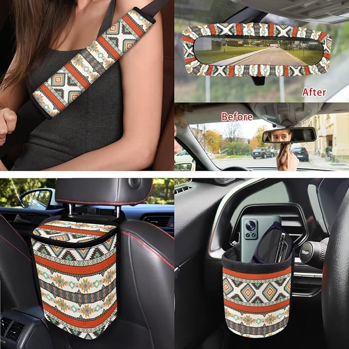 XYZCANDO Ethnic Tribe Auto Seat Cover Sets 15 PCS Car Seat Cover Set Car Rear View Mirror Cover Steering Wheel Cover Seat Belt Pads Cover Garbage Bag Storage Box Coasters Keychain Fit Most Cars