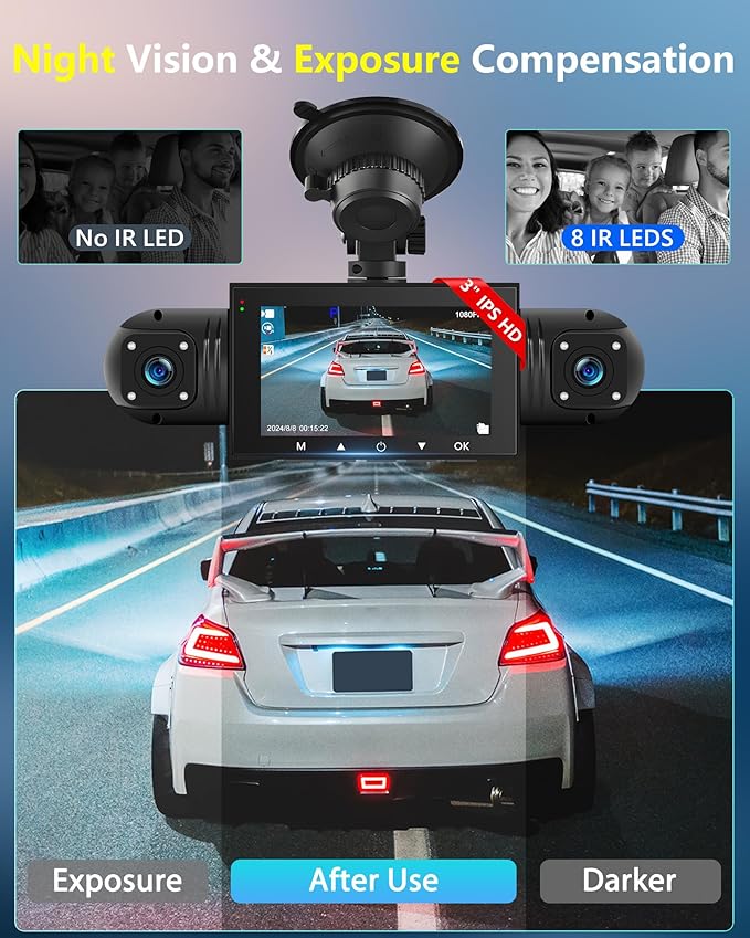 3" 4 Channel Mirror Dash Cam Front and Rear Inside Left Right 1080P Dash Camera with G-Sensor Motion Detection 8 IR Lamps Night Vision Loop Recording Parking Assistance Exposure Compensation