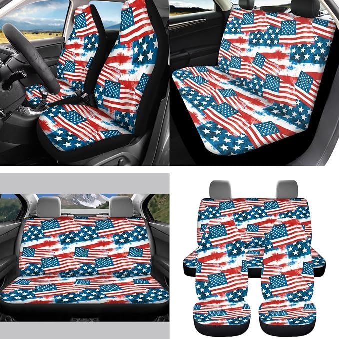 American Flag Auto Interior Accessories Car Seat Covers with Auto Steering Wheel Cover Seat Belt Covers Car Trash Can View Mirror Cover Coaster Keychains
