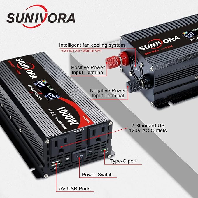 1000 Watt Car Power Inverter 12V DC to 110V/120V AC Converter 2000W Peak with LCD Display, 2 AC Outlets & PD Type-C & USB 3.0, Car Plug in Adapter Outlet Supplies Power to Appliances on Car Boat