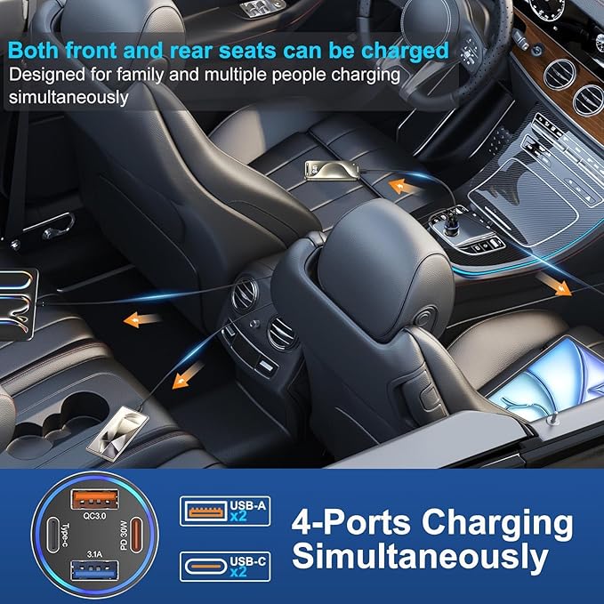 65W USB C Car Charger, 5 Pack 4-Port PD Super Fast Charging Type C Car Charger for Multiple Devices, Cigarette Lighter Adapter, USBC Phone Adapter for iPhone 17/16/15 Pro Max,Samsung S25,iPad,Pixel