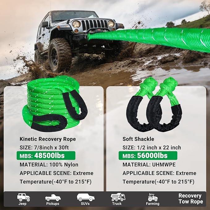 Kinetic Recovery Tow Rope 7/8" x 30ft Tow Strap 48500lbs Snatch Strap with 2Pcs Soft Shackles 56000lbs Break Strength Heavy Duty Kinetic Towing Rope for Truck ATV UTV Offroad Recovery Rope Kit