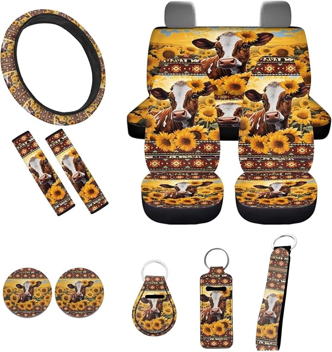 Sunflower Cow Car Seat Covers Full Set 11pcs Cow Car Accessories with Cow Auto Steering Wheel Cover Seatbelt Pads Keychain Cup Holder Pads for Most Vehicle