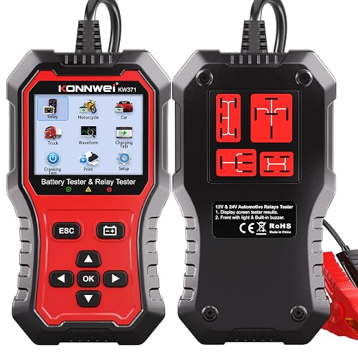 KONNWEI KW371 Battery Tester & Relay Tester 2 in 1 | 6V/12V/24V battery system tester with cranking & charging analysis. 4/5-pin relay tester. CCA 10-2000. No batteries required.
