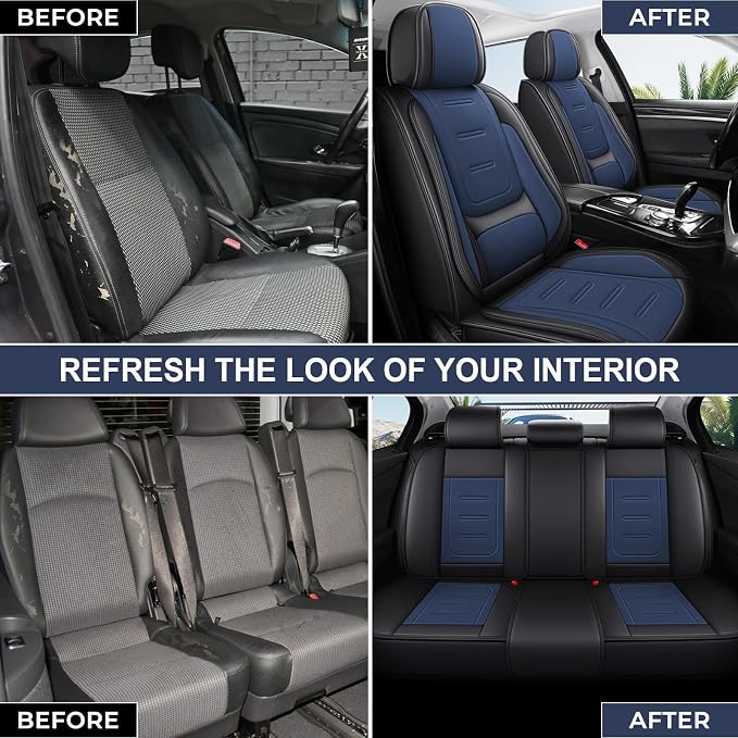 otoez Nappa Leather Car Seat Covers Full Set, Breathable Leather Automotive Seat Covers Front & Rear Seat Protectors with Lumbar Support, Universal Fit for Most Cars SUV Truck Sedan (Black+Blue)