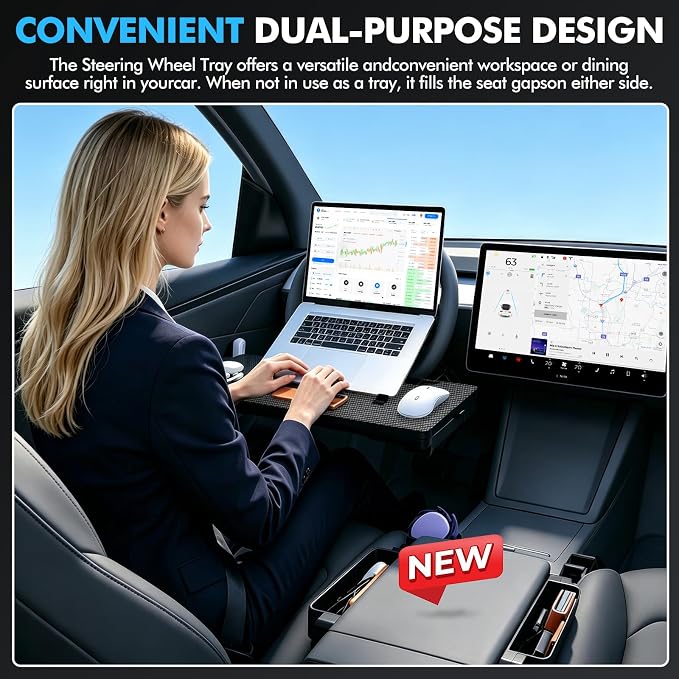 2-in-1 Car Steering Wheel Tray & Seat Gap Storage, Foldable Carbon Fiber Style Table, Ideal for Laptop, Dining, Writing, Fits Standard Round Steering Wheel