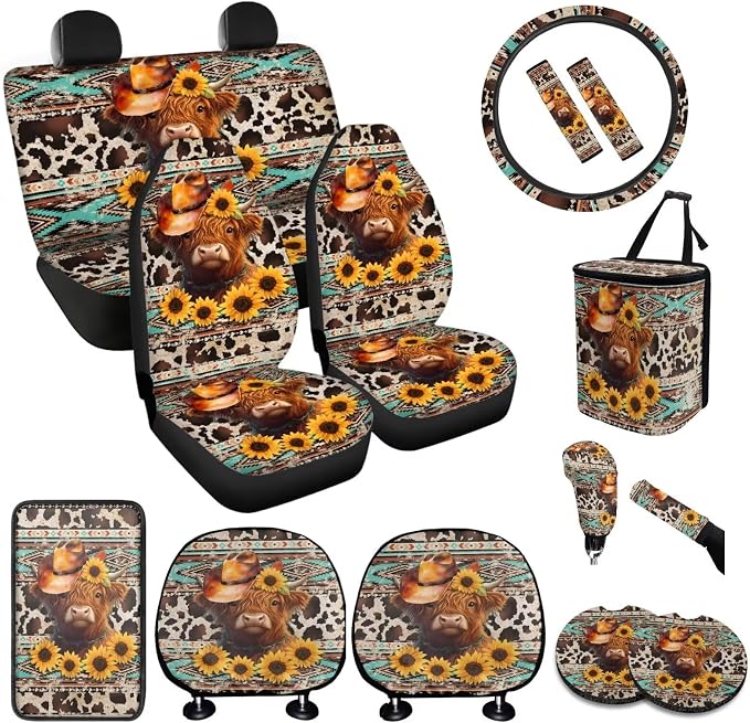 BIGCARJOB Highland Cow Tribal Print Car Seat Covers Set 15 Pieces Seat Headrest Cover Universal Steering Wheel Cover Highland Cow Car Trash Can Hanging Auto Interior Accessories Set